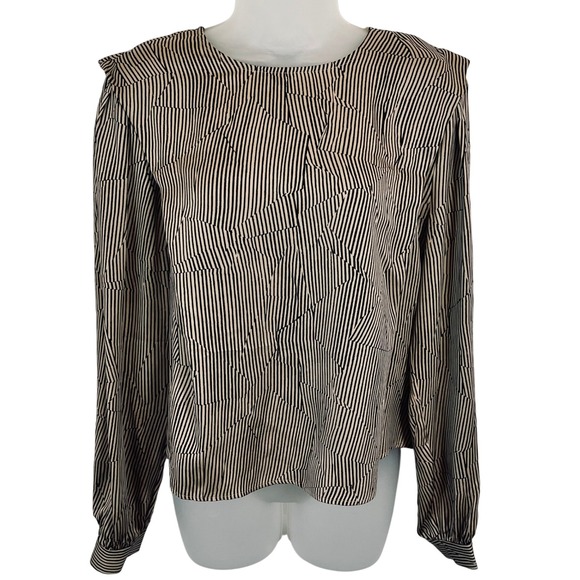 Anine Bing Willa Silk Top Crinkle Stripe Size Medium Tan‎ and Black - Picture 4 of 12